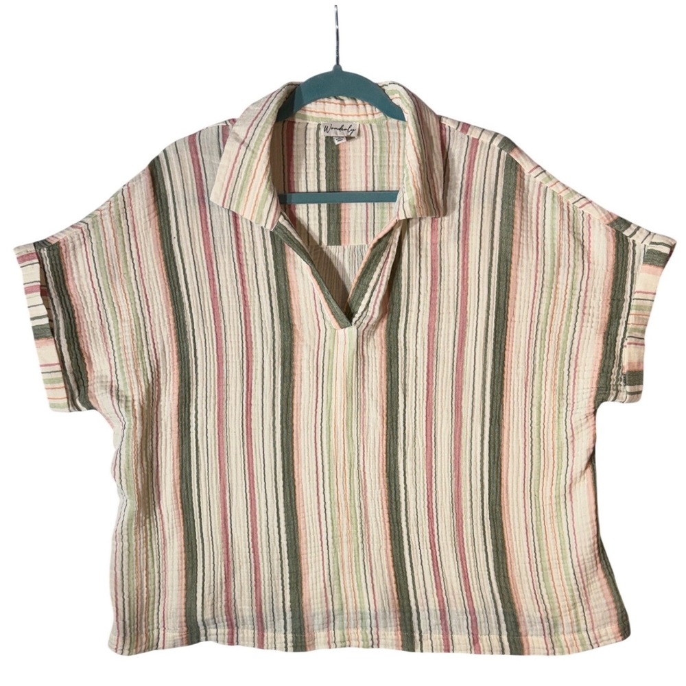 Wonderly Gauze‎ Striped Top Women Large Pink Green Vertical Stripe Cotton V-Neck